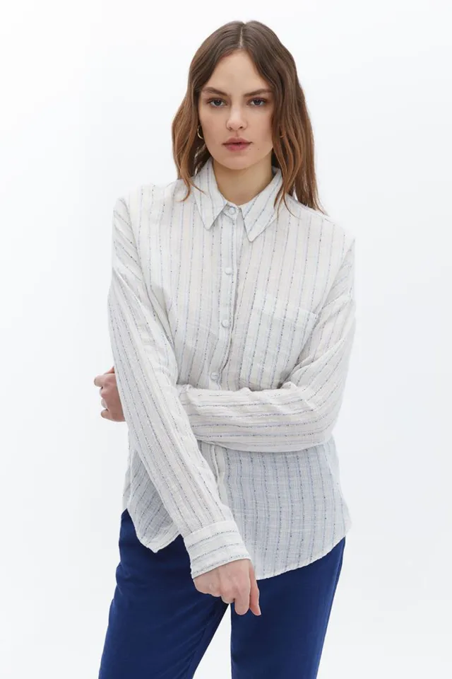 Women's cotton long sleeve striped shirt with a chest pocket